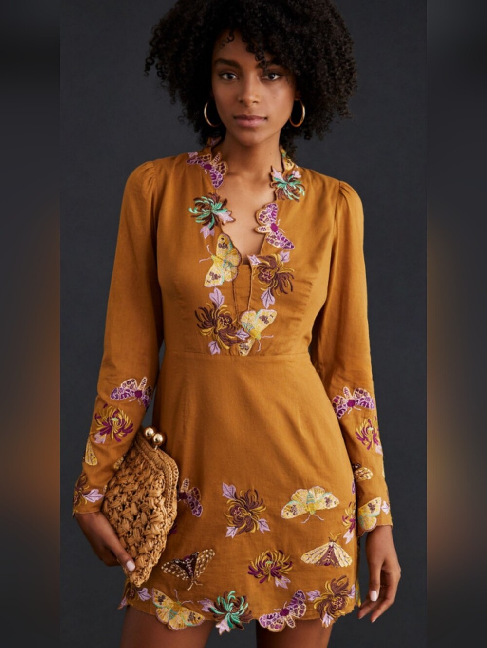 Meave By Anthropologie Mustard Embroidered Floral Long-Sleeve Mini Dress